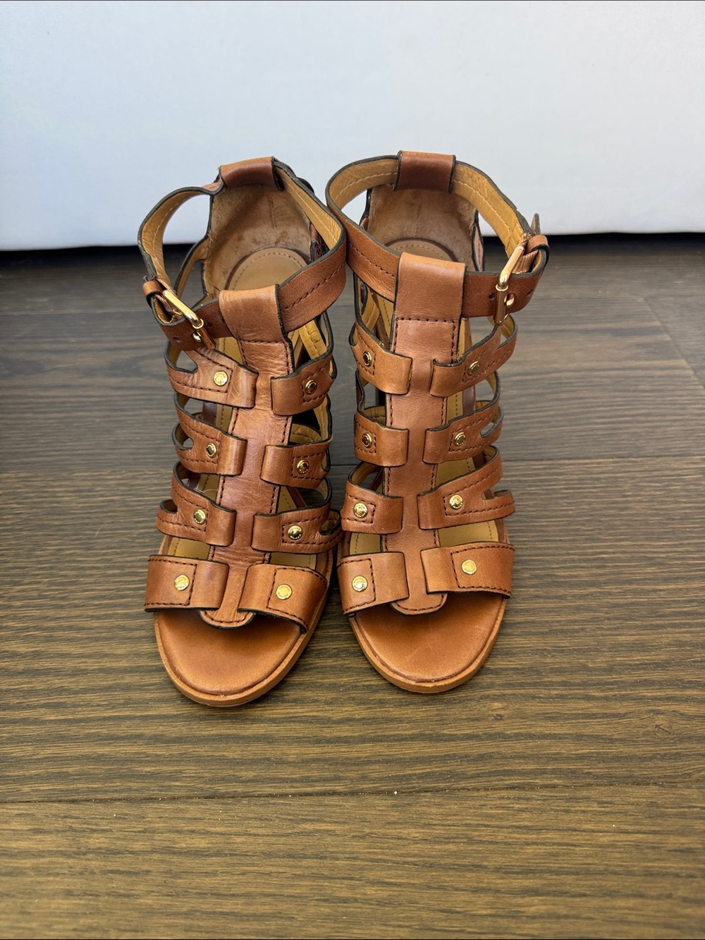 Coach Tan Leather Strappy Gladiator Sandals with Gold Studs